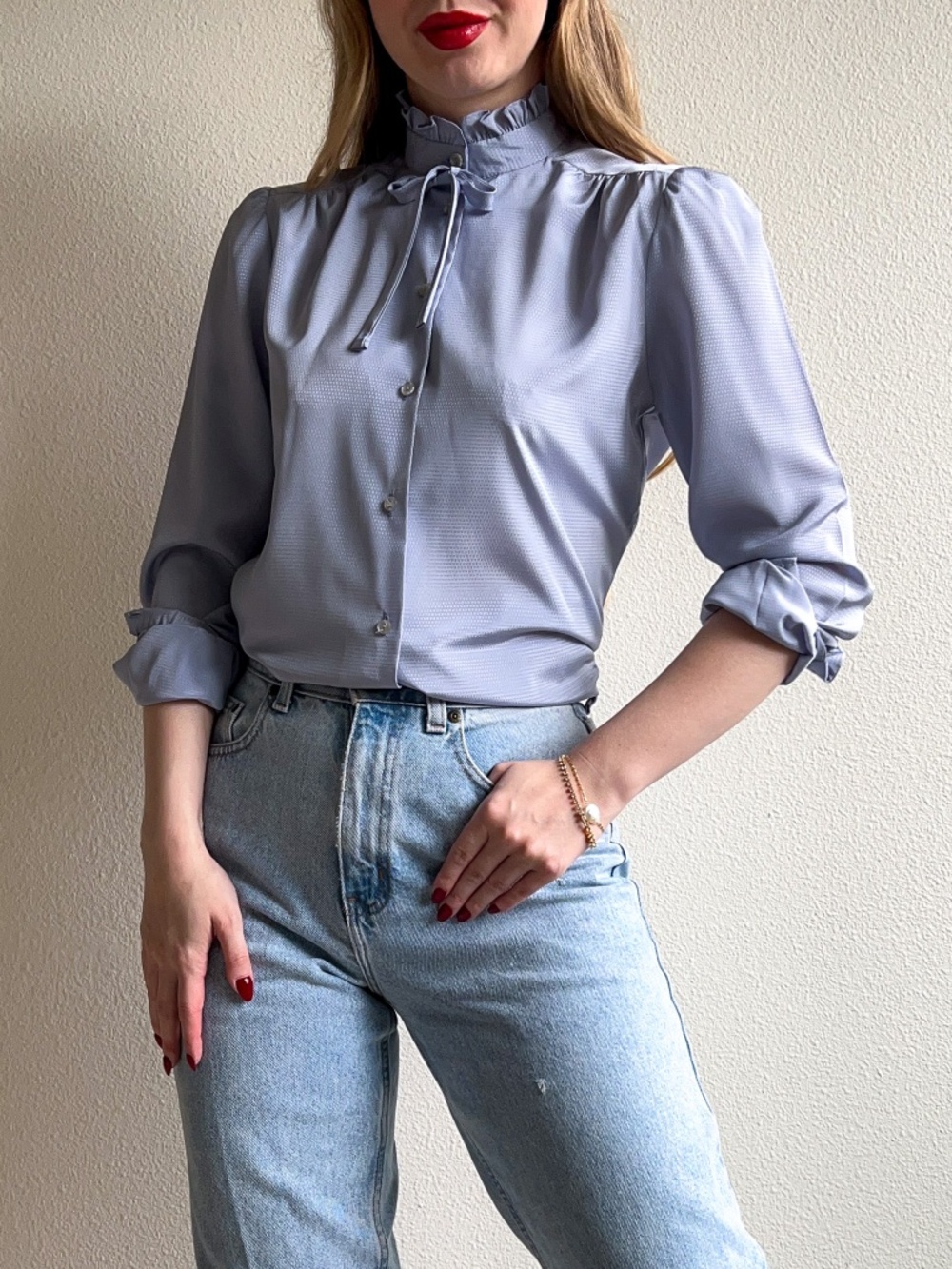 Vintage 1980s Soft Blue Blouse With Ruffled Collar (S)